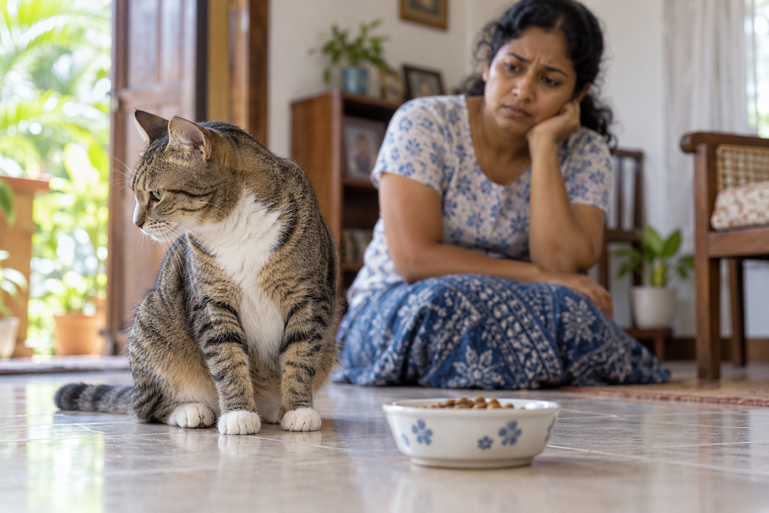 AI-generated illustration of a tabby cat turning away from its food while a Sri Lankan owner watches
