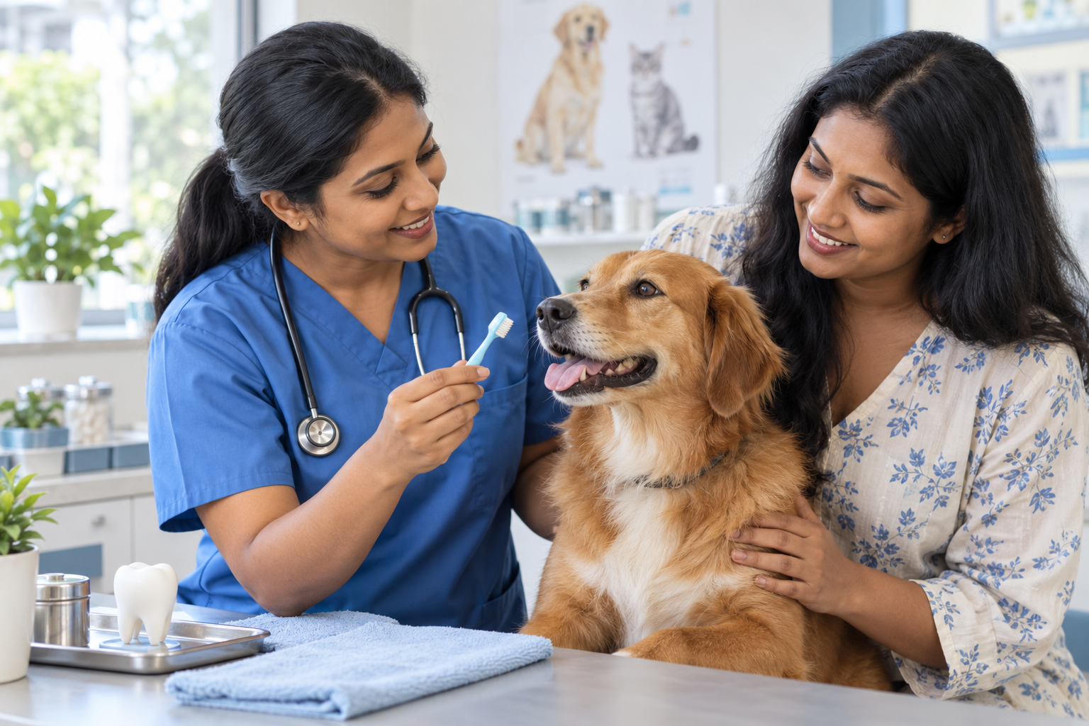 AI illustration of a veterinarian showing an owner a pet toothbrush beside a calm dog