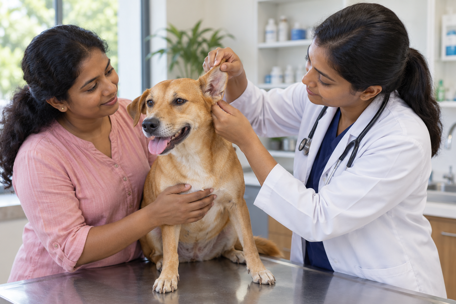 AI-generated illustration of a Sri Lankan veterinarian gently examining a dog’s outer ear beside its owner