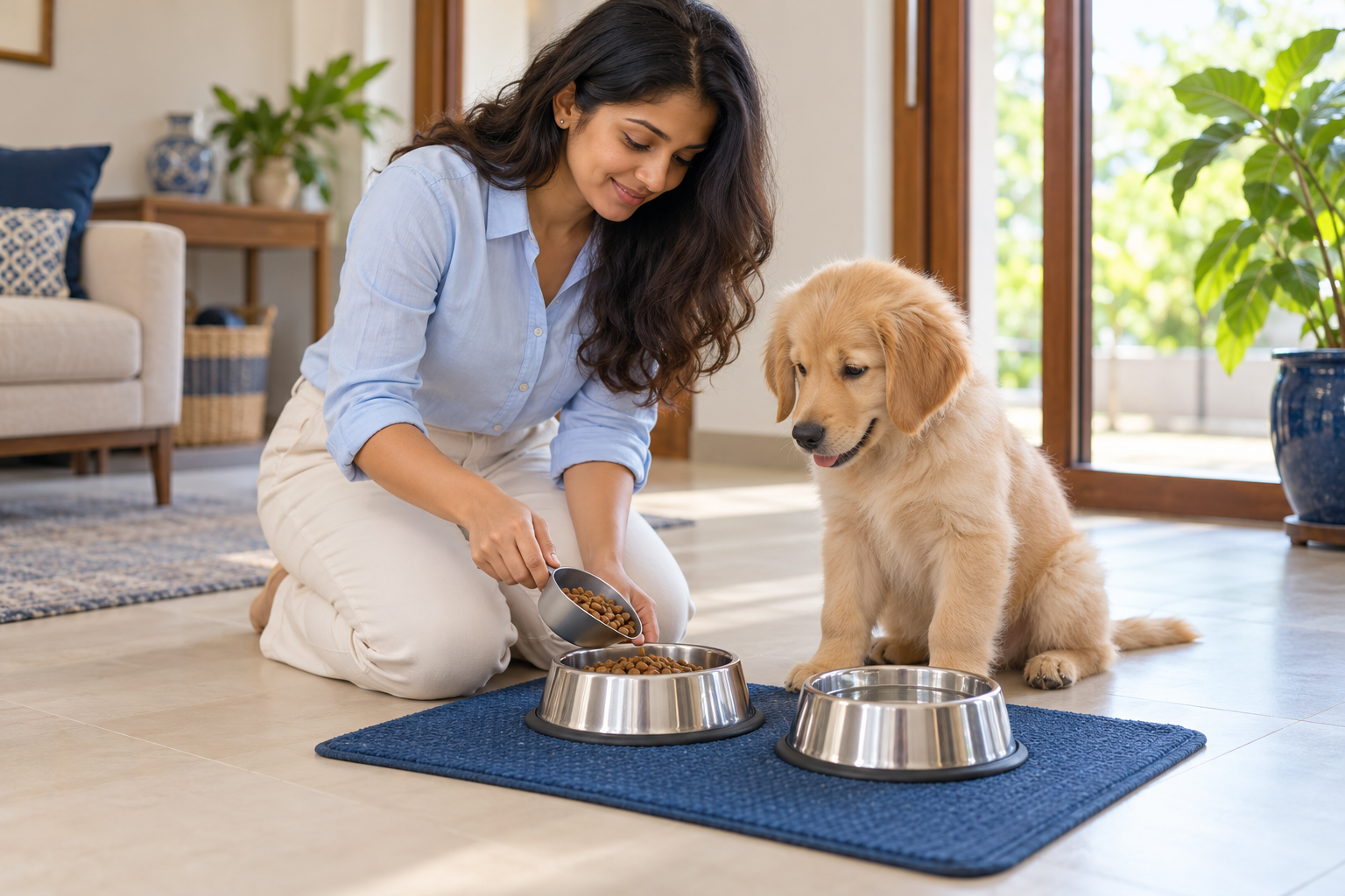 AI-generated image of a young Sri Lankan owner measuring food for a Golden Retriever puppy beside a water bowl