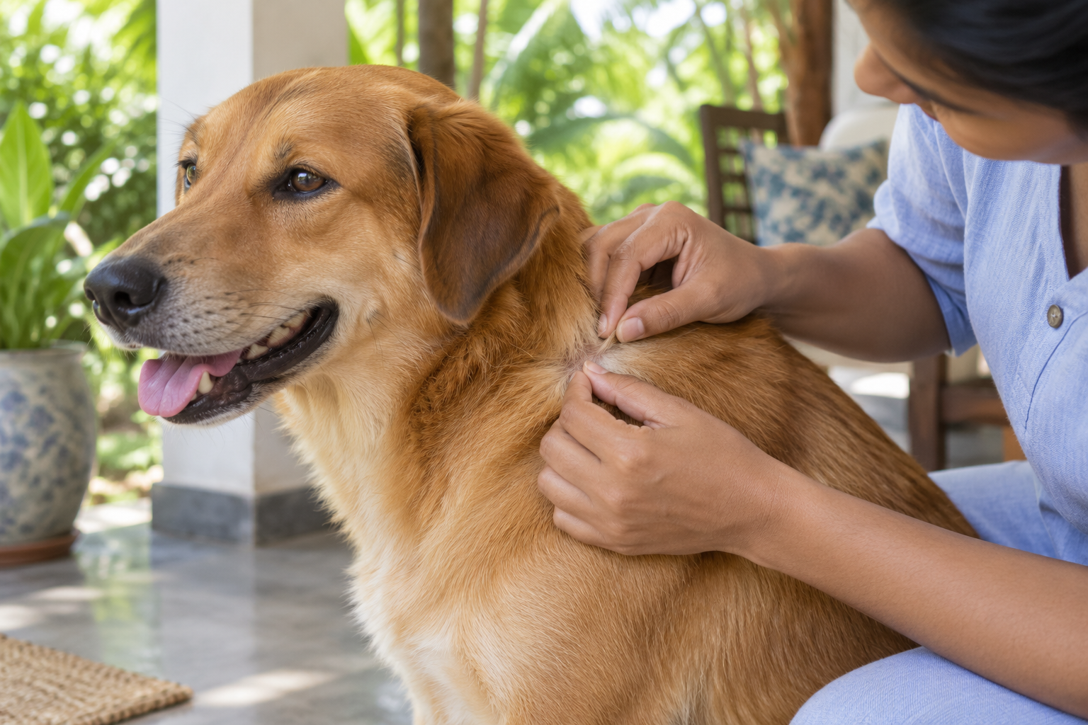 AI illustration of an owner gently checking a dog’s coat for parasites