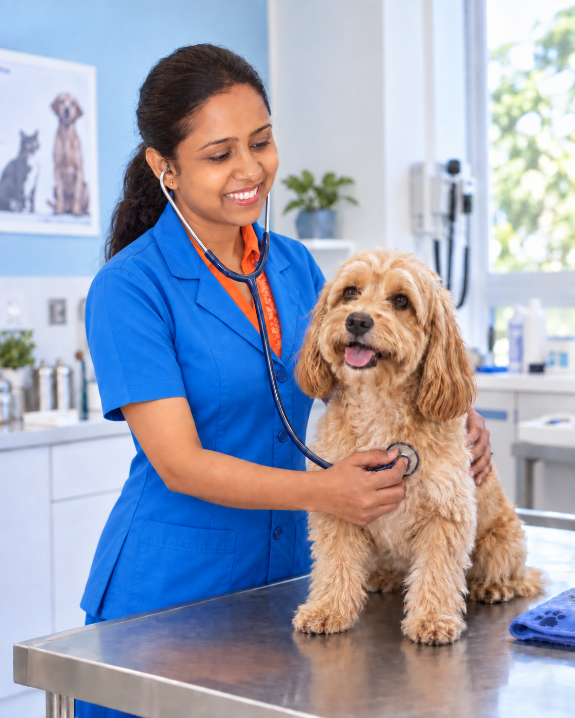 AI-composited image of Dr. Sewwandi examining a dog with a stethoscope