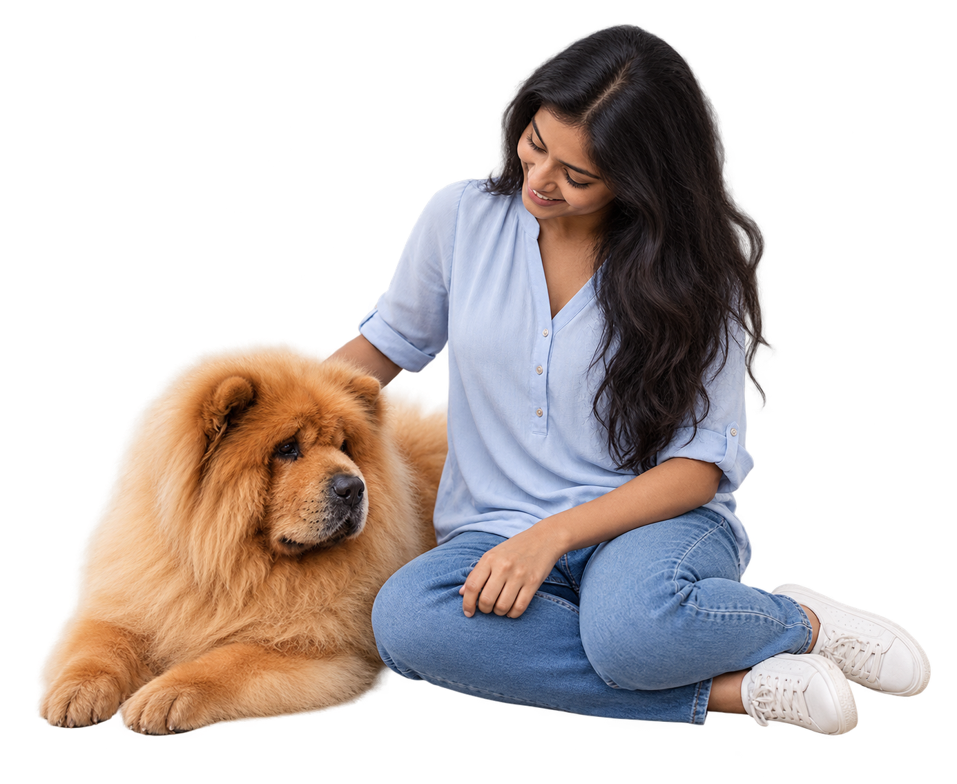 A young woman sitting beside and gently petting a Chow Chow dog